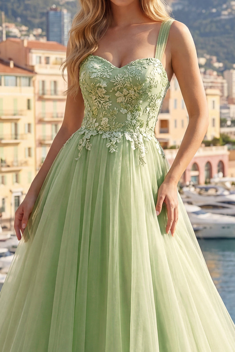 Load image into Gallery viewer, Floral Thick Straps Green Long A Line Prom Dress