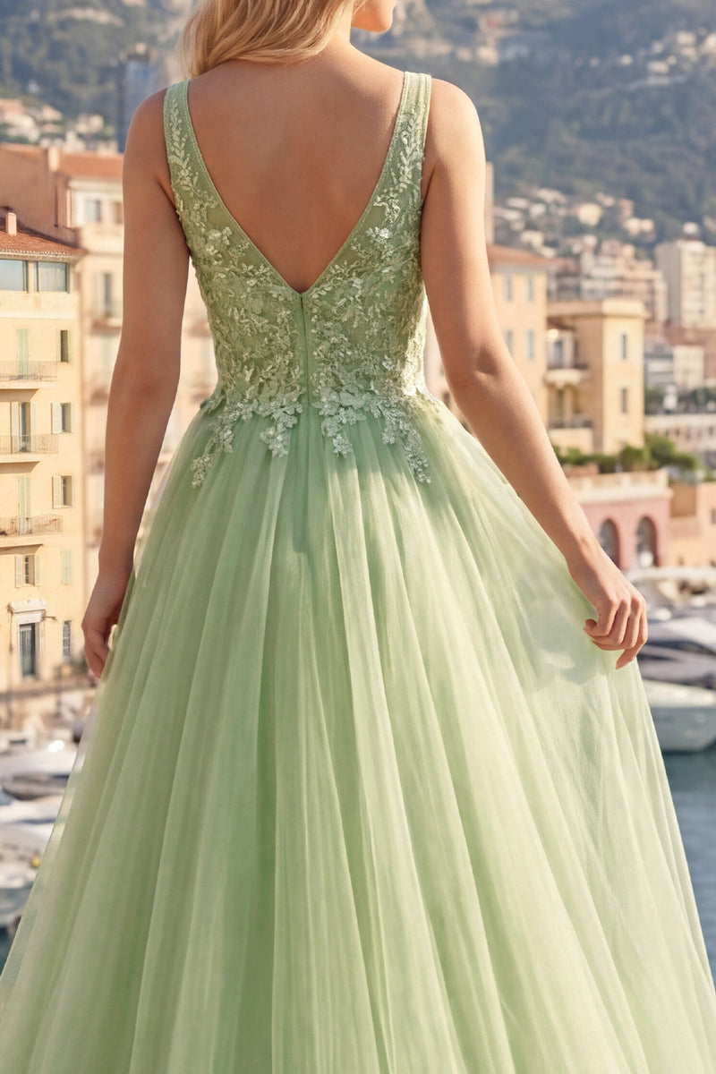 Load image into Gallery viewer, Floral Thick Straps Green Long A Line Prom Dress