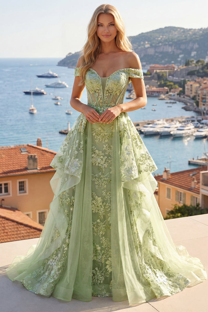 Load image into Gallery viewer, Ruffled Green Long Floral Corset A Line Prom Dress with Cape