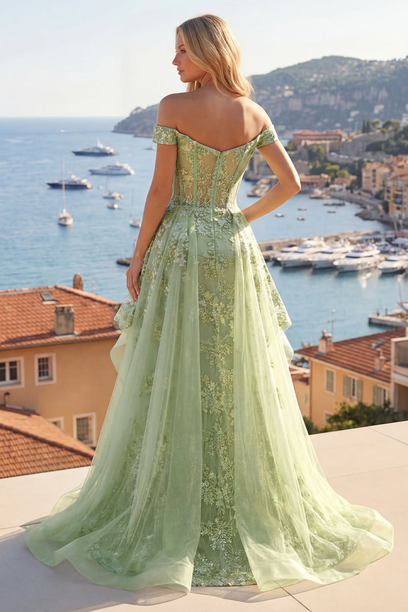 Load image into Gallery viewer, Ruffled Green Long Floral Corset A Line Prom Dress with Cape