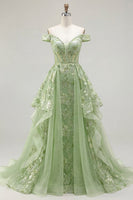 Load image into Gallery viewer, Ruffled Green Long Floral Corset A Line Prom Dress with Cape