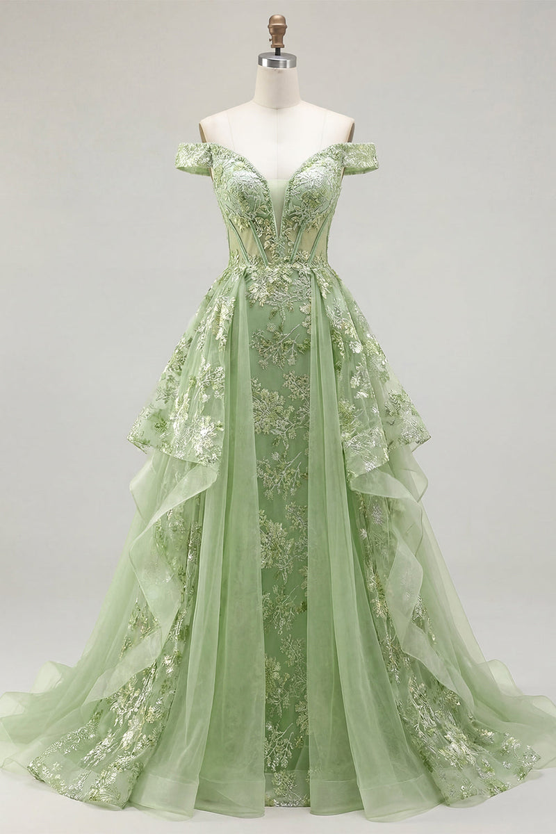 Load image into Gallery viewer, Ruffled Green Long Floral Corset A Line Prom Dress with Cape