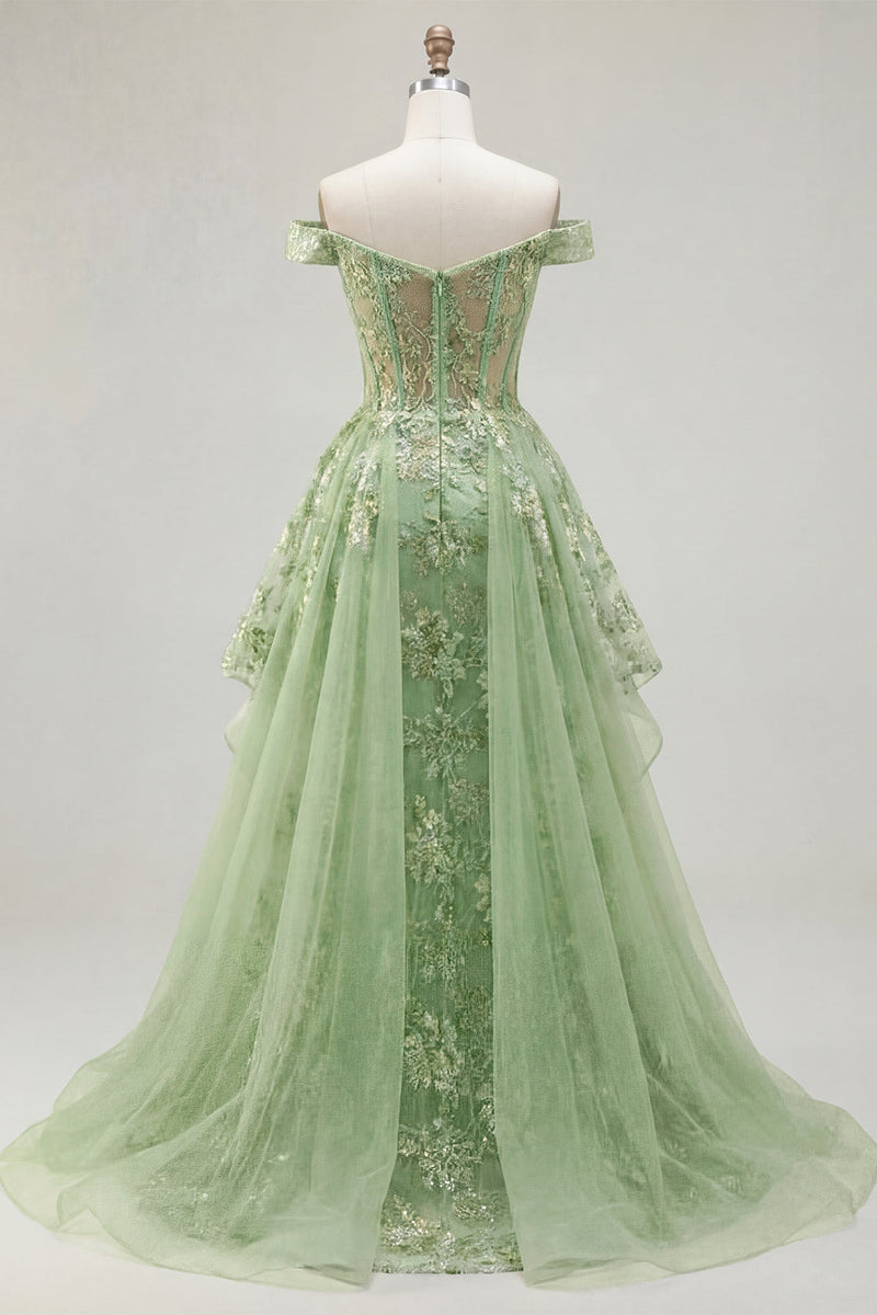 Load image into Gallery viewer, Ruffled Green Long Floral Corset A Line Prom Dress with Cape