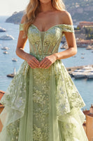Load image into Gallery viewer, Ruffled Green Long Floral Corset A Line Prom Dress with Cape