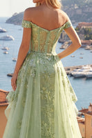 Load image into Gallery viewer, Ruffled Green Long Floral Corset A Line Prom Dress with Cape