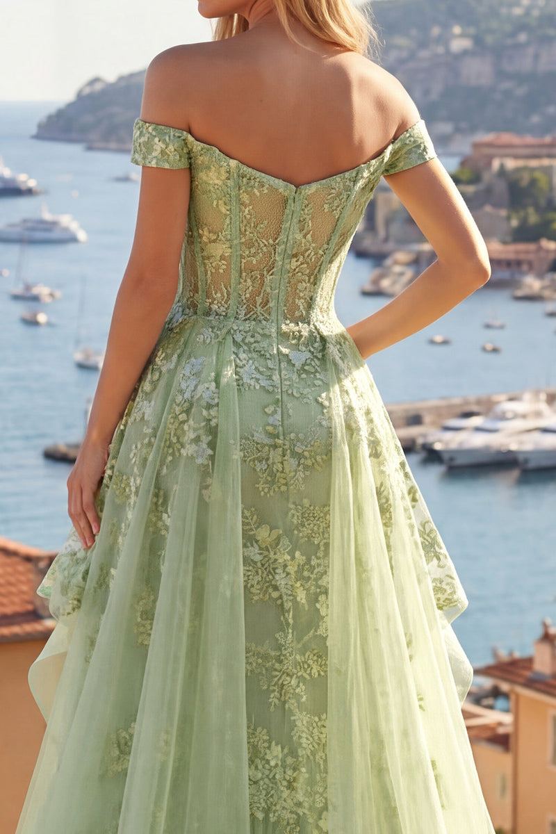 Load image into Gallery viewer, Ruffled Green Long Floral Corset A Line Prom Dress with Cape
