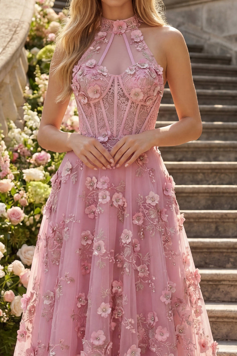 Load image into Gallery viewer, Sparkly Taro Corset Keyhole Floral A Line High Neck Beaded Prom Dress