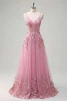 Load image into Gallery viewer, Spaghetti Straps Sparkly Floral Taro A Line Beaded Prom Dress