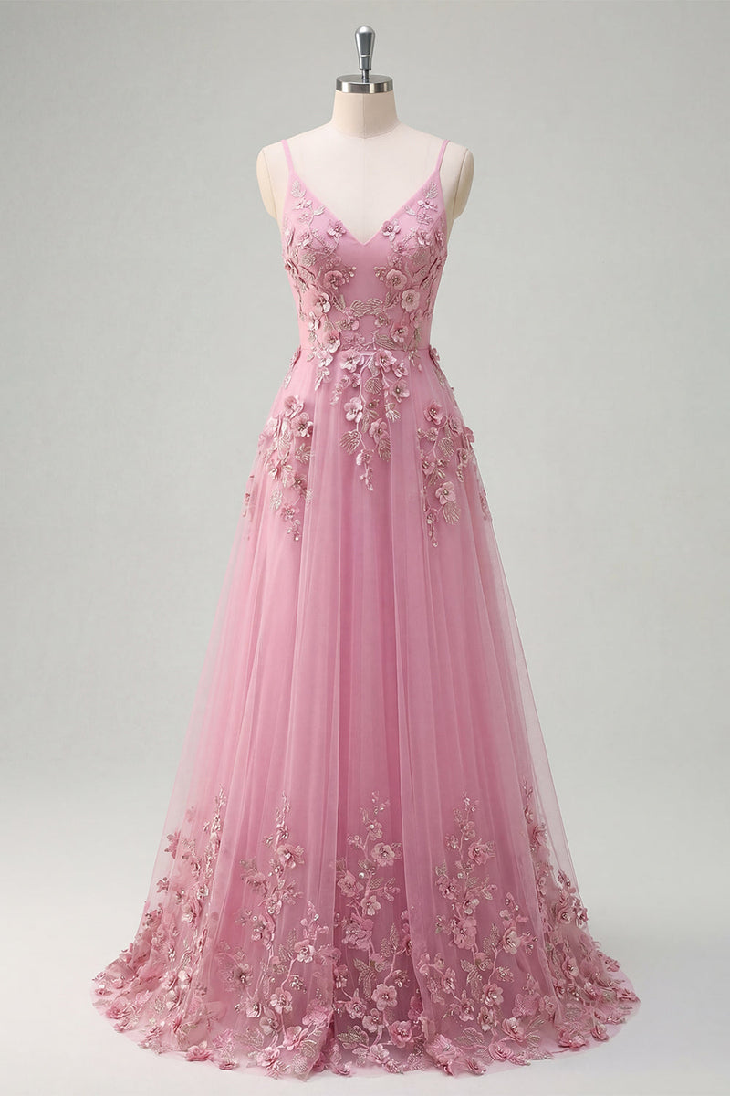 Load image into Gallery viewer, Spaghetti Straps Sparkly Floral Taro A Line Beaded Prom Dress