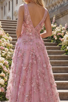 Load image into Gallery viewer, V-Neck Ruched Taro Sparkly A Line High Low Floral Beaded Prom Dress