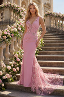 Load image into Gallery viewer, Sparkly Long Floral Beaded V-Neck Ruched Taro Mermaid Prom Dress