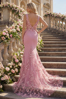 Load image into Gallery viewer, Sparkly Long Floral Beaded V-Neck Ruched Taro Mermaid Prom Dress