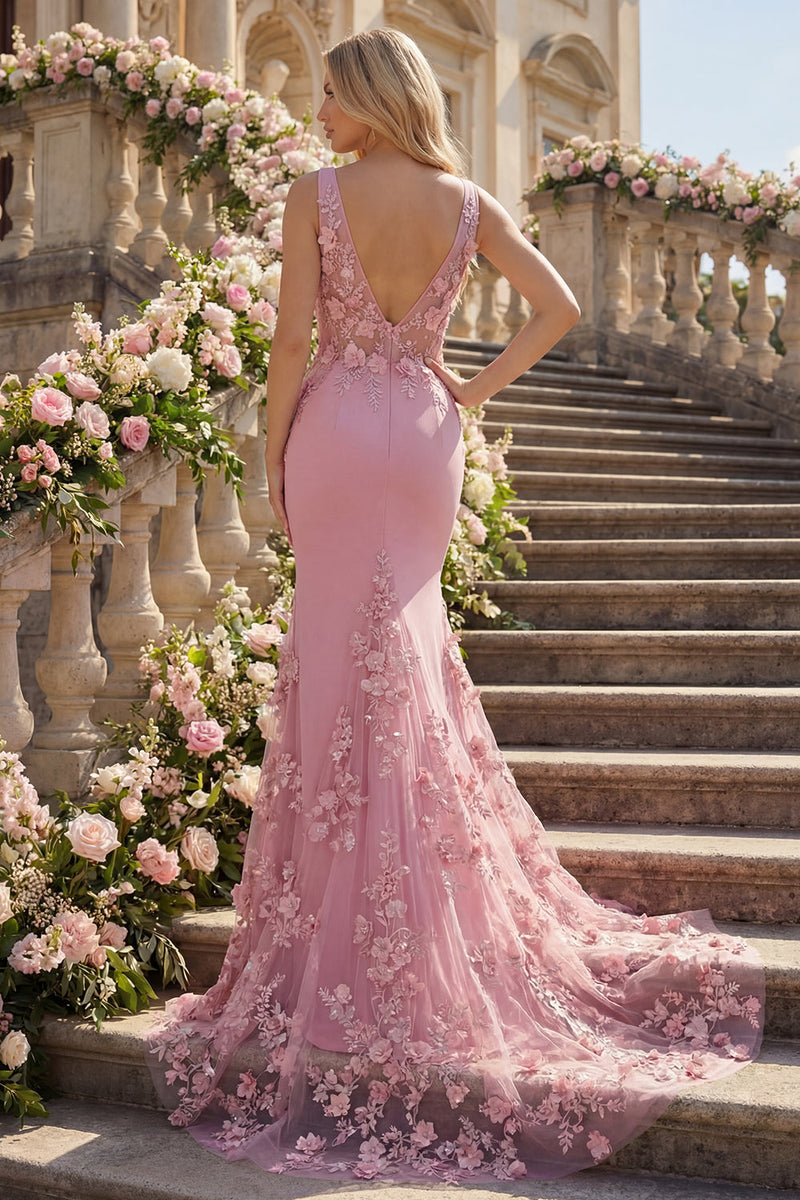Load image into Gallery viewer, Sparkly Long Floral Beaded V-Neck Ruched Taro Mermaid Prom Dress