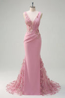 Load image into Gallery viewer, Sparkly Long Floral Beaded V-Neck Ruched Taro Mermaid Prom Dress