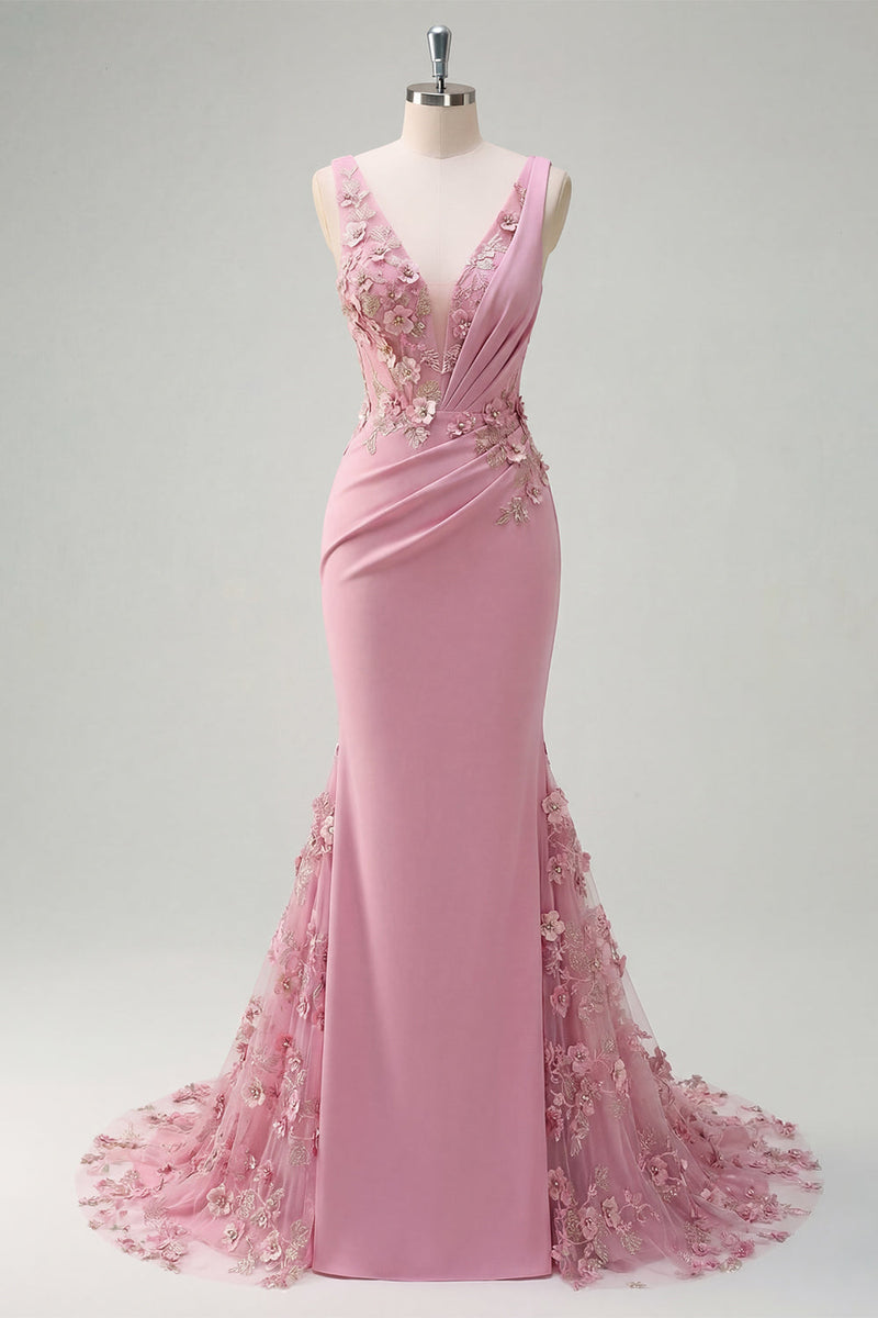 Load image into Gallery viewer, Sparkly Long Floral Beaded V-Neck Ruched Taro Mermaid Prom Dress