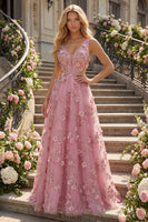 Load image into Gallery viewer, V-Neck Sparkly Taro Floral A Line Beaded Prom Dress