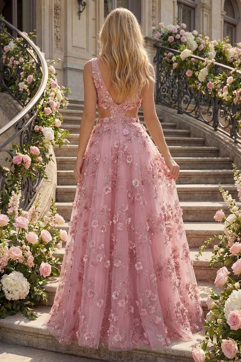 Load image into Gallery viewer, V-Neck Sparkly Taro Floral A Line Beaded Prom Dress