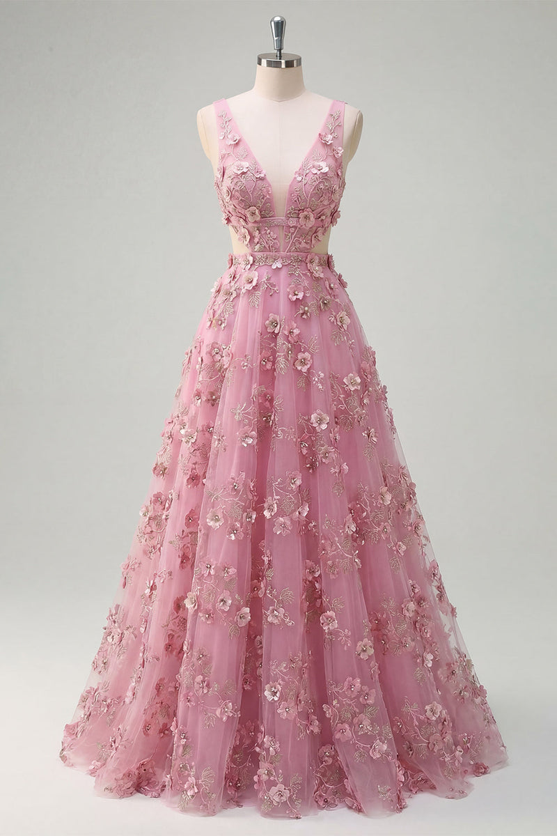 Load image into Gallery viewer, V-Neck Sparkly Taro Floral A Line Beaded Prom Dress