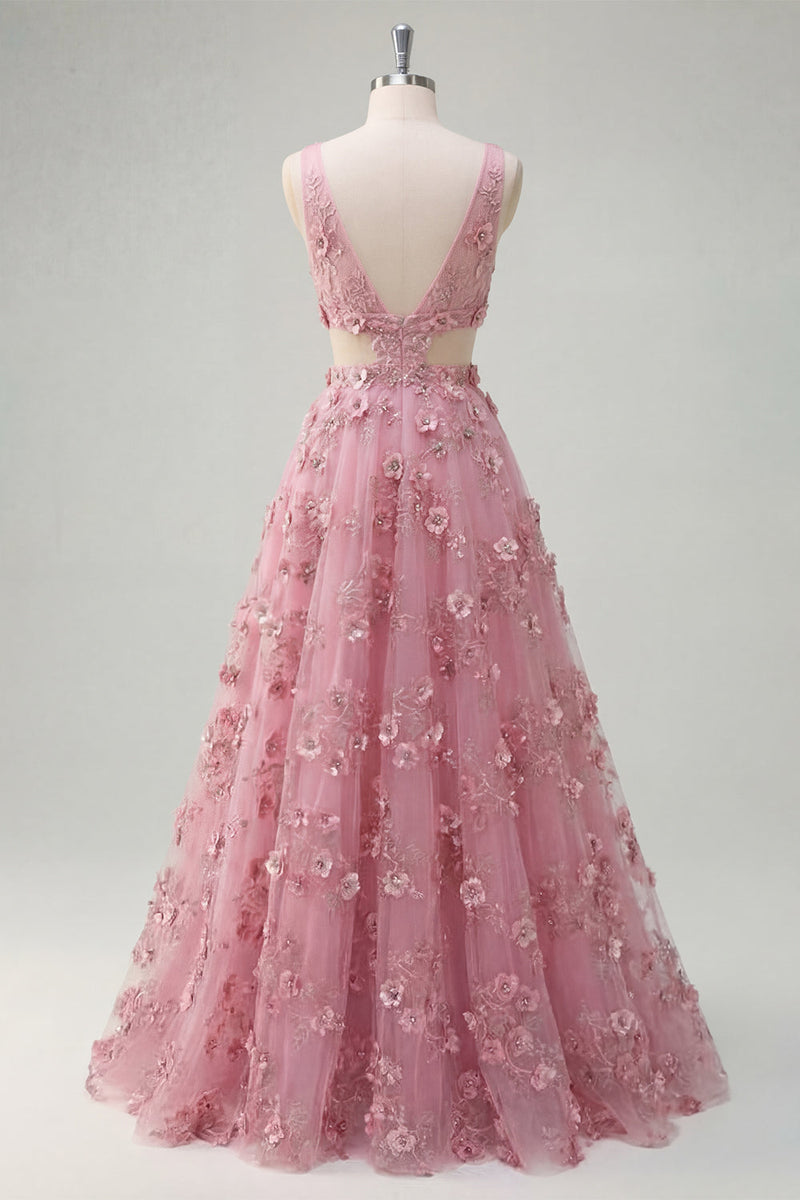 Load image into Gallery viewer, V-Neck Sparkly Taro Floral A Line Beaded Prom Dress