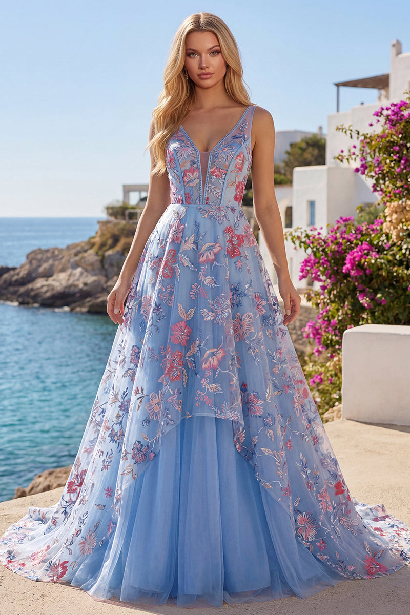 Load image into Gallery viewer, Corset V-Neck Blue Long Floral A Line Prom Dress