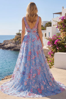 Corset V-Neck Blue Long Floral A Line Prom Dress