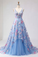 Load image into Gallery viewer, Corset V-Neck Blue Long Floral A Line Prom Dress