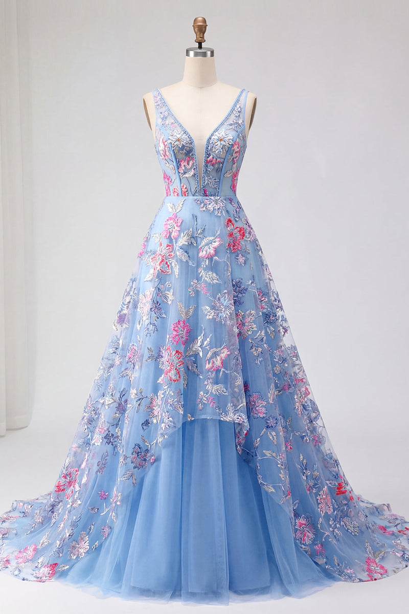 Load image into Gallery viewer, Corset V-Neck Blue Long Floral A Line Prom Dress