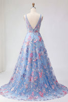 Load image into Gallery viewer, Corset V-Neck Blue Long Floral A Line Prom Dress