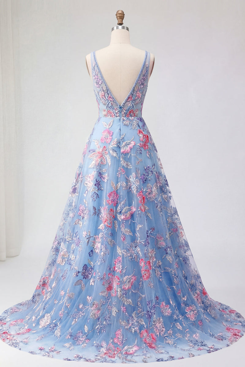 Load image into Gallery viewer, Corset V-Neck Blue Long Floral A Line Prom Dress
