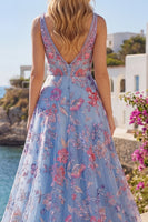 Load image into Gallery viewer, Corset V-Neck Blue Long Floral A Line Prom Dress