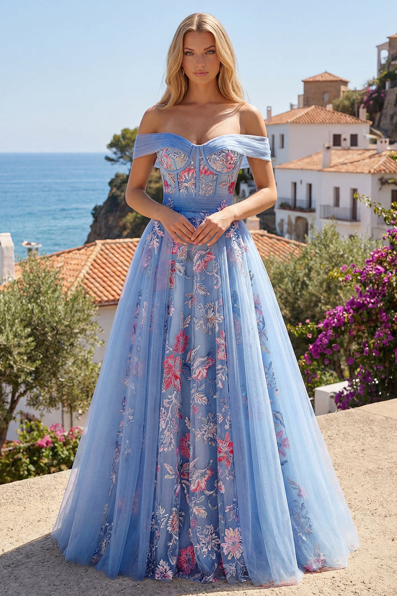 Load image into Gallery viewer, Long A Line Floral Corset Blue Off the Shoulder Prom Dress