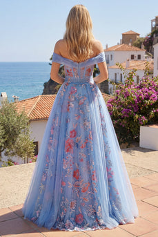 Long A Line Floral Corset Blue Off the Shoulder Prom Dress