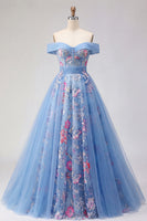 Load image into Gallery viewer, Long A Line Floral Corset Blue Off the Shoulder Prom Dress