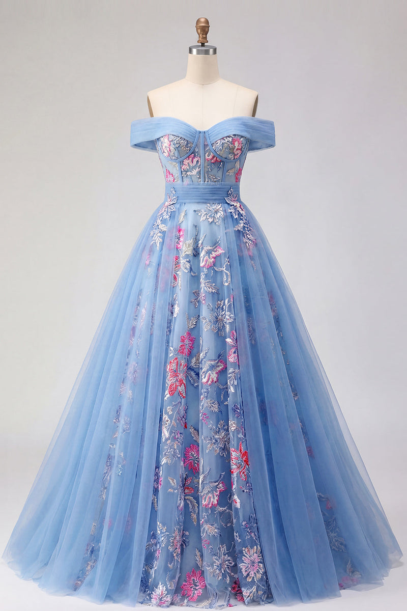 Load image into Gallery viewer, Long A Line Floral Corset Blue Off the Shoulder Prom Dress