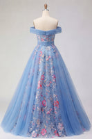 Load image into Gallery viewer, Long A Line Floral Corset Blue Off the Shoulder Prom Dress