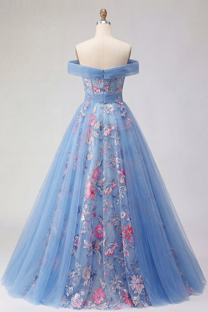 Load image into Gallery viewer, Long A Line Floral Corset Blue Off the Shoulder Prom Dress
