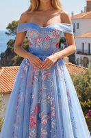 Load image into Gallery viewer, Long A Line Floral Corset Blue Off the Shoulder Prom Dress