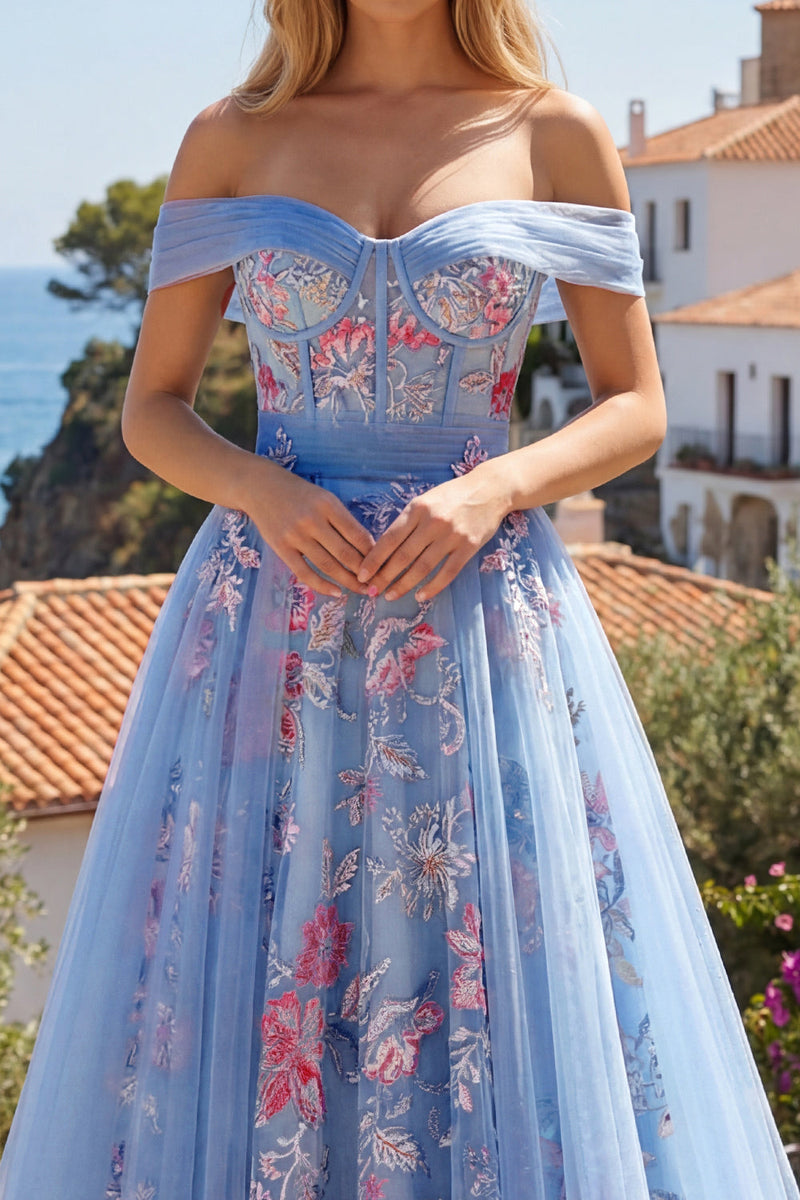 Load image into Gallery viewer, Long A Line Floral Corset Blue Off the Shoulder Prom Dress