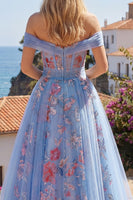 Load image into Gallery viewer, Long A Line Floral Corset Blue Off the Shoulder Prom Dress