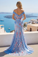 Load image into Gallery viewer, Blue Mermaid Ruched Floral Corset Long Off the Shoulder Prom Dress