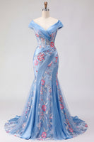 Load image into Gallery viewer, Blue Mermaid Ruched Floral Corset Long Off the Shoulder Prom Dress