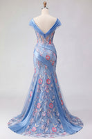 Load image into Gallery viewer, Blue Mermaid Ruched Floral Corset Long Off the Shoulder Prom Dress
