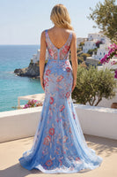 Load image into Gallery viewer, Mermaid V-Neck Ruched Corset Floral Blue Long Prom Dress
