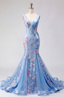 Load image into Gallery viewer, Mermaid V-Neck Ruched Corset Floral Blue Long Prom Dress