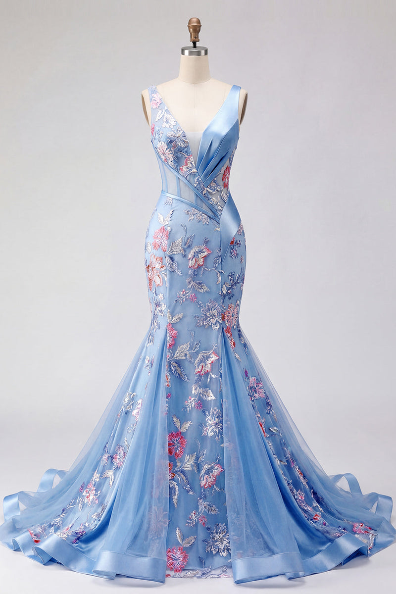 Load image into Gallery viewer, Mermaid V-Neck Ruched Corset Floral Blue Long Prom Dress