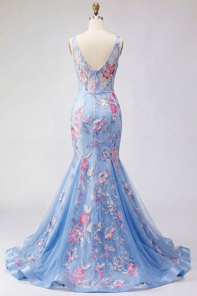 Load image into Gallery viewer, Mermaid V-Neck Ruched Corset Floral Blue Long Prom Dress