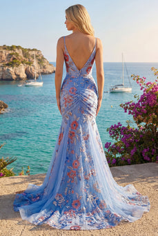 Blue Spaghetti Straps Mermaid Ruched Floral Long Prom Dress