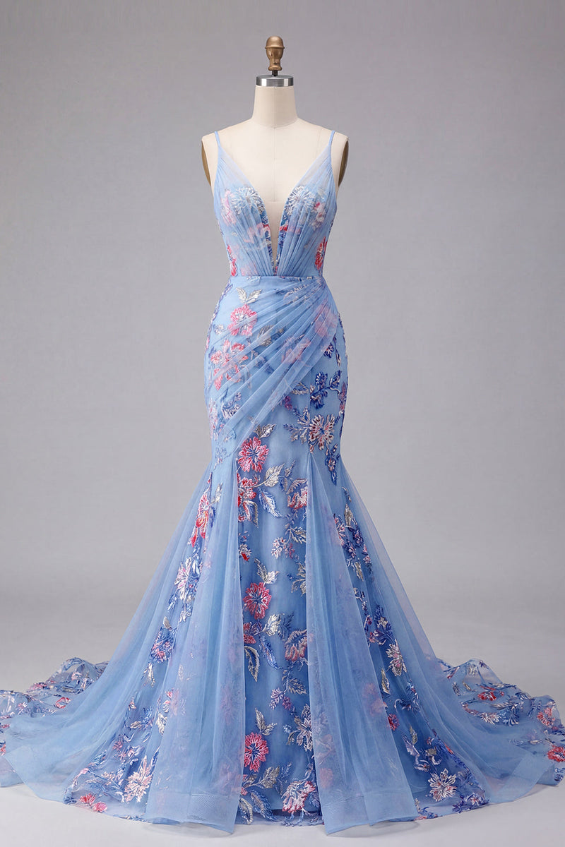 Load image into Gallery viewer, Blue Spaghetti Straps Mermaid Ruched Floral Long Prom Dress
