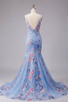 Load image into Gallery viewer, Blue Spaghetti Straps Mermaid Ruched Floral Long Prom Dress