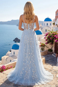 Floral A Line Long Beaded Spaghetti Straps Sparkly Blue Corset Prom Dress